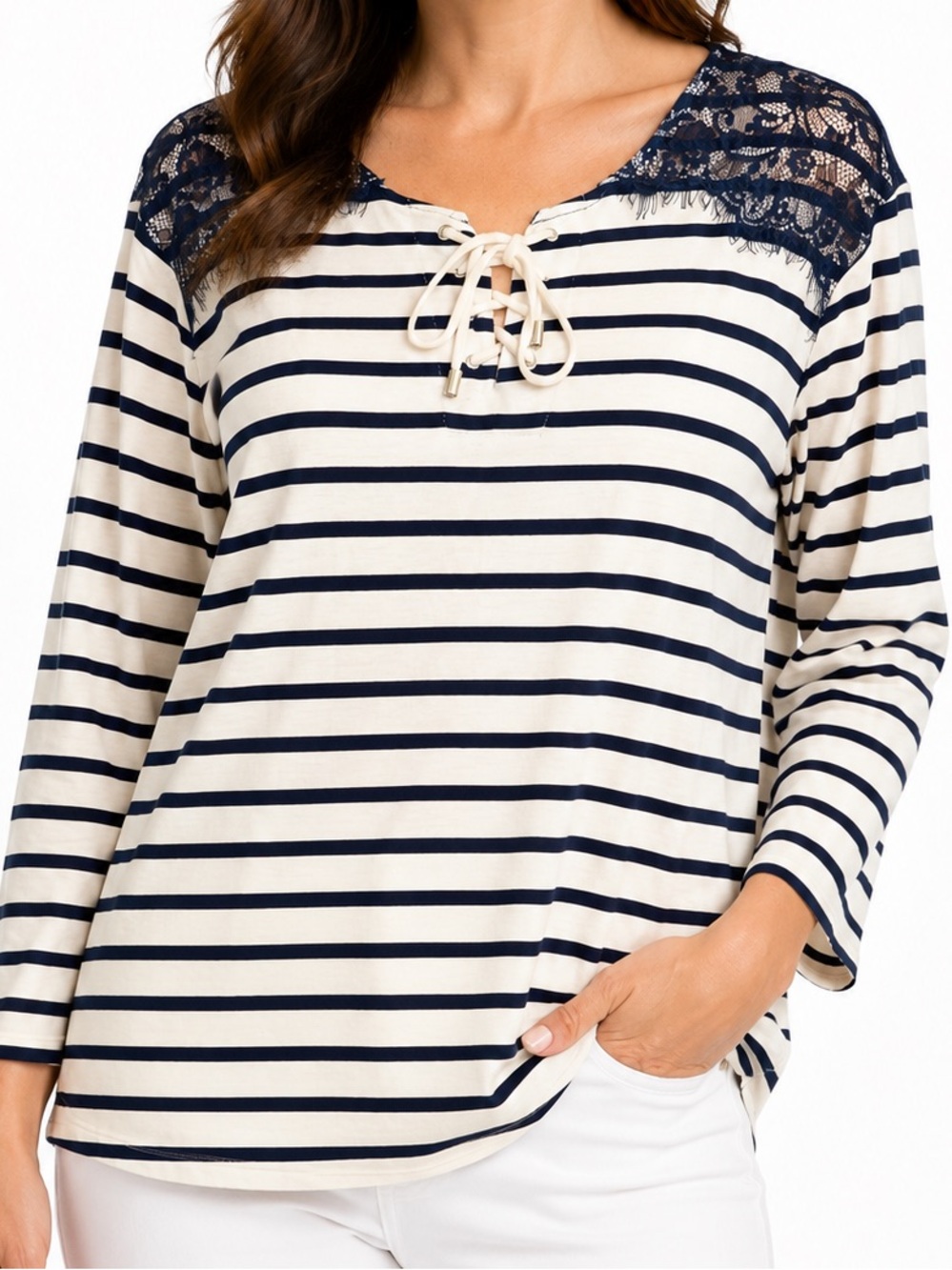 CHICOS Knit Long Sleeve Tee Navy White Striped Lace-Up Top Blue Lace Shoulders